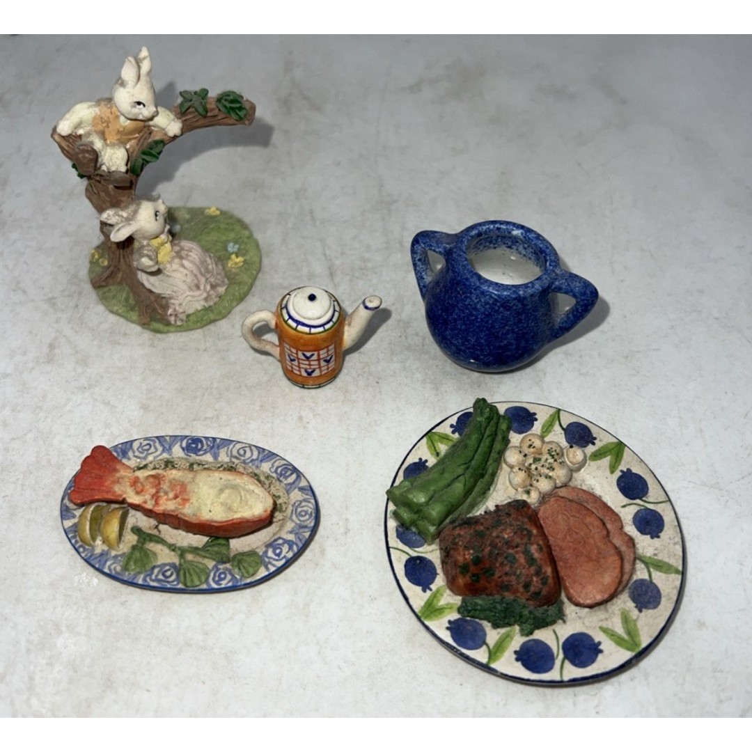 Dollhouse Miniature Food Plates Fish Roast Beef Teapot And Rabbit Figurine