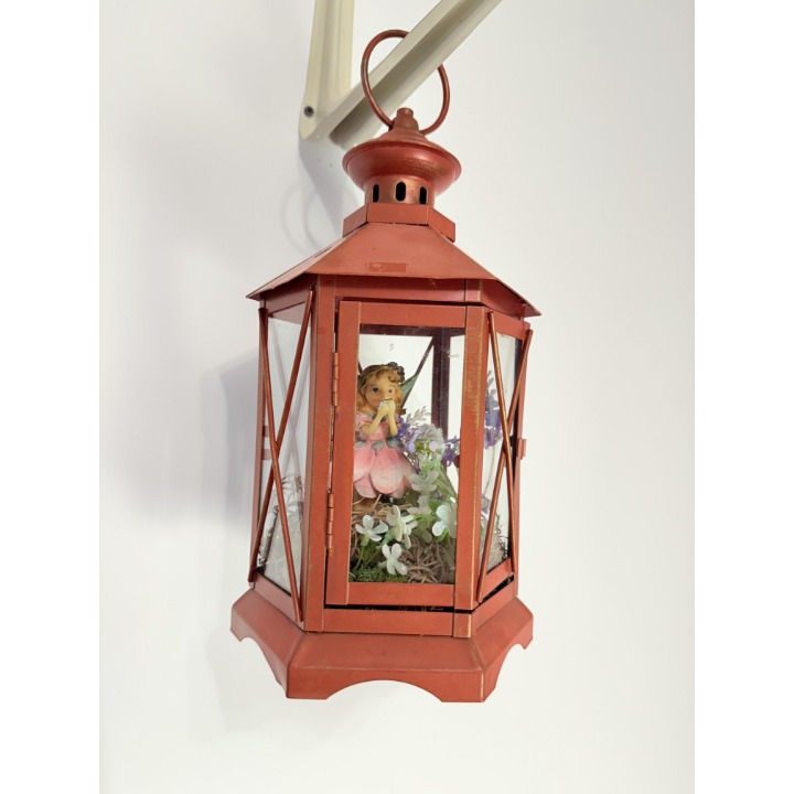 Imperfectly Perfect Garden Fairy Red Glass Floral Hexagonal Lantern