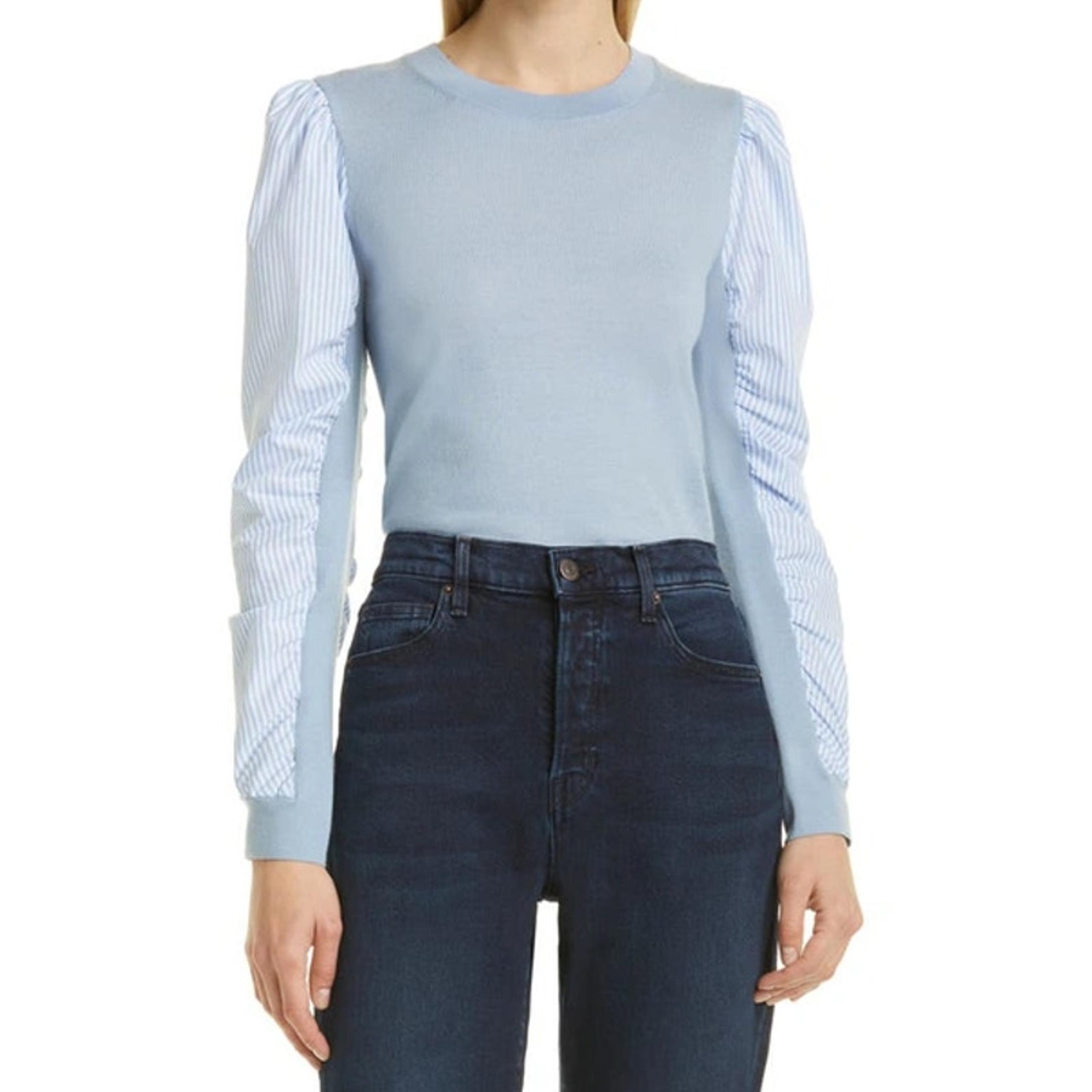 VERONICA BEARD NEW Adler Mixed Media Sweater Light Blue Merino Wool Women's XL