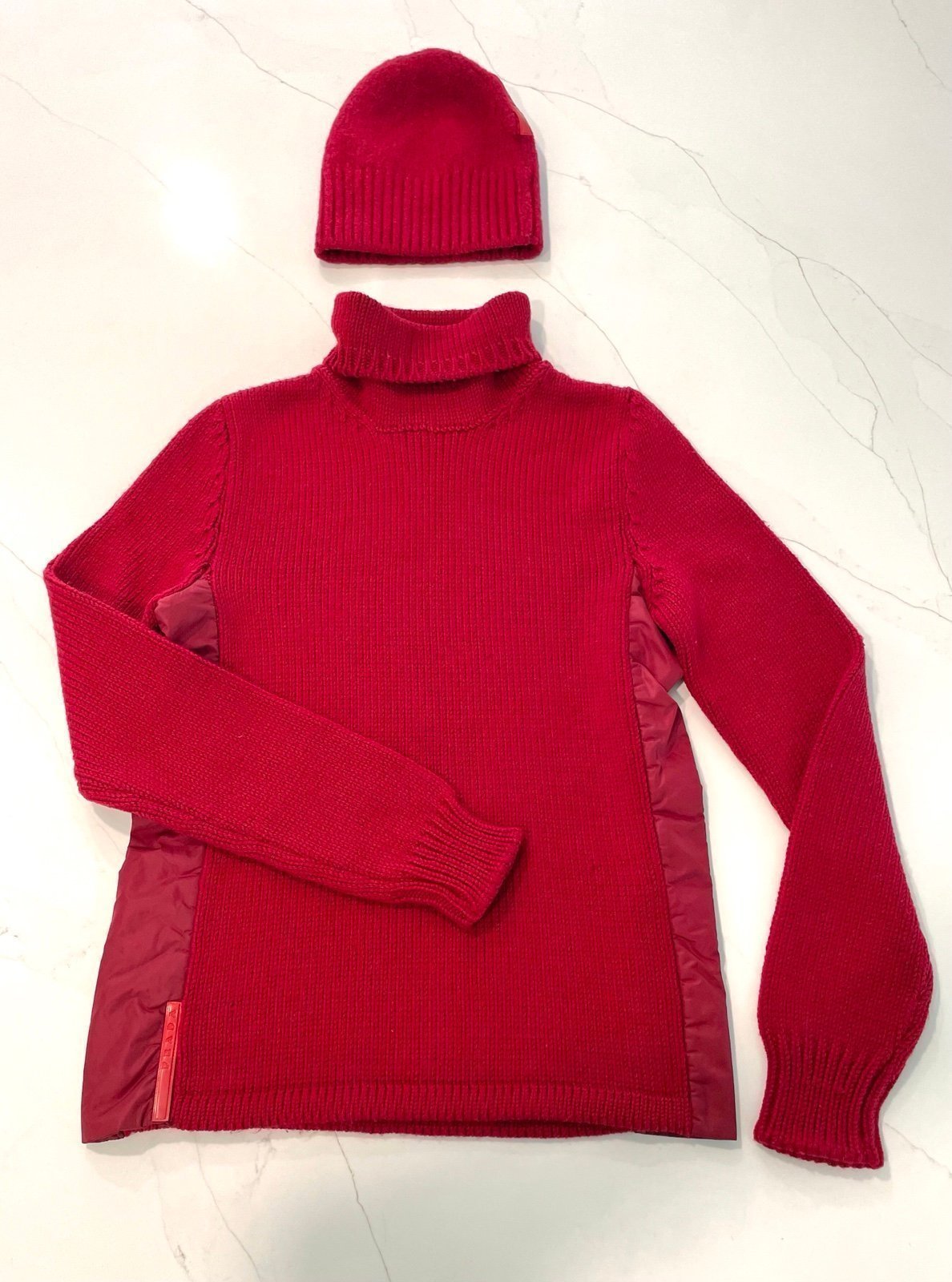 PRADA- RED SWEATER AND BEANIE HAT OUTFIT