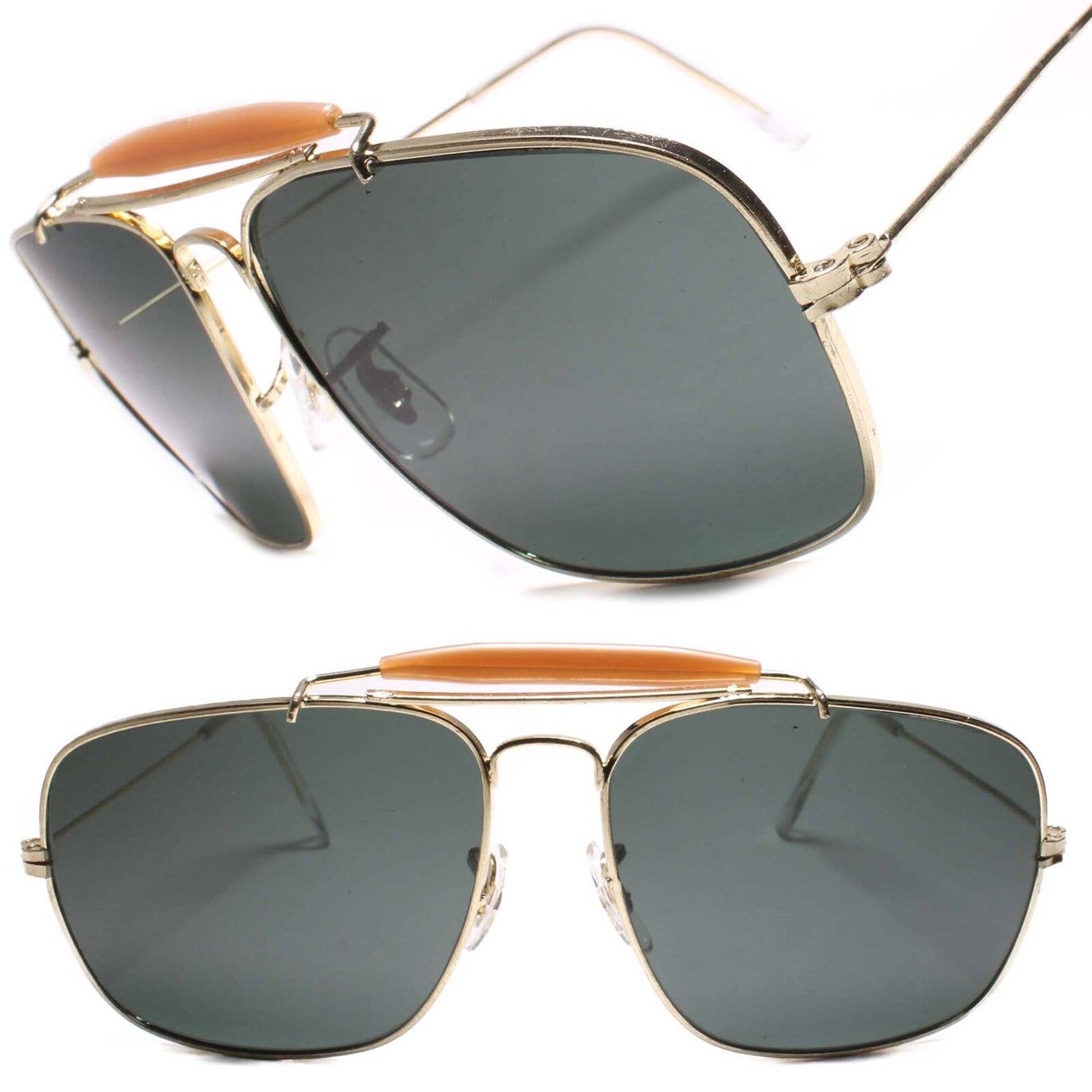 Classic True Vintage 80's Glass Lens Rectangle Gold Frame Aviation Sunglasses