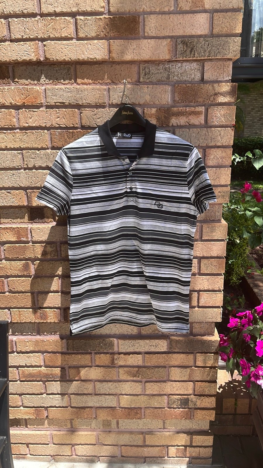 D&G Black & White Striped Polo Shirt with Logo