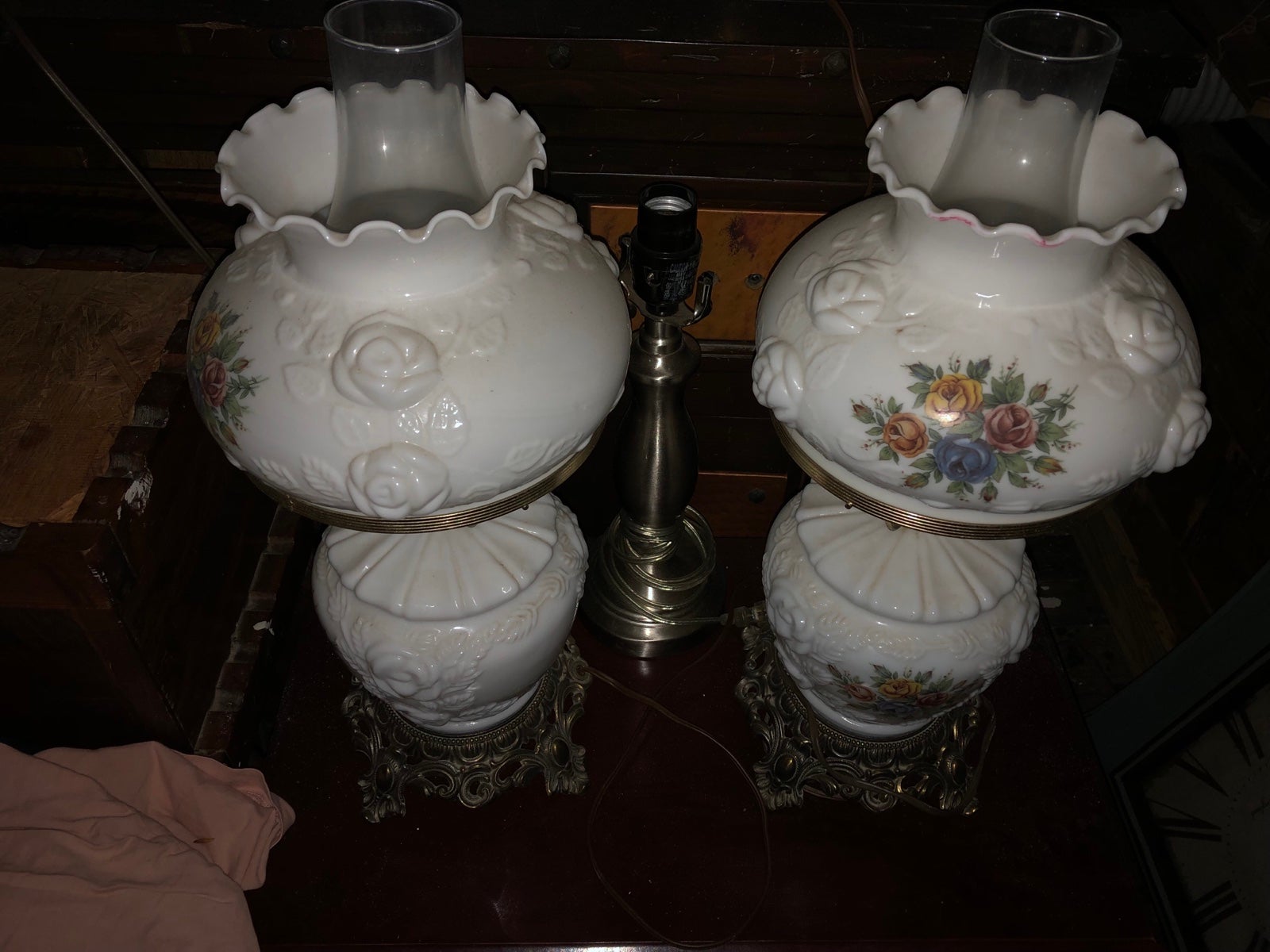 Fenton Embossed Roses Milk Glass Table Lamp W/Floral Decoration 2 Available