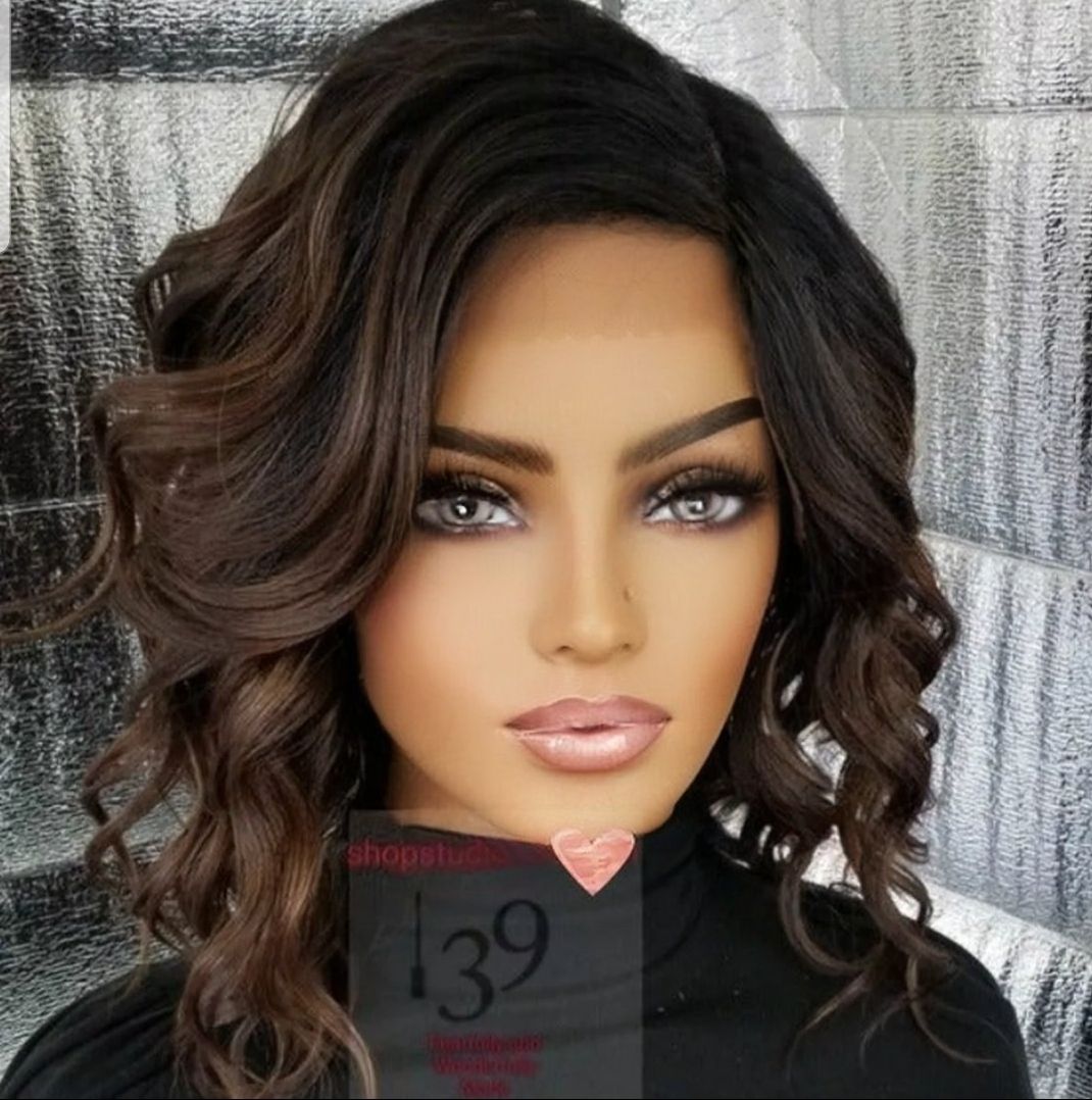 Celebrity brown wavy black bob human wig