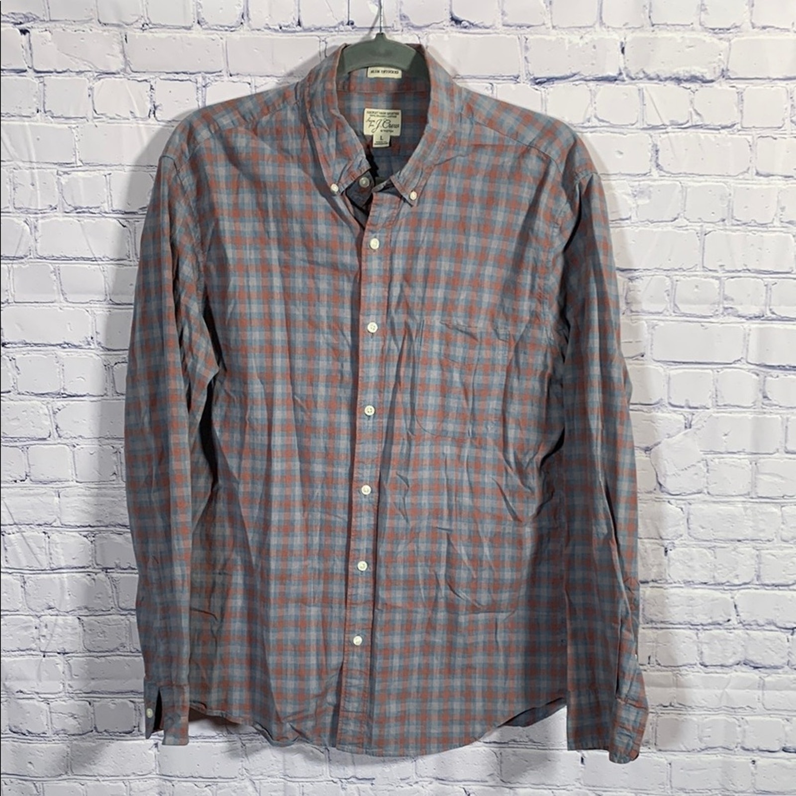 J.Crew Men Stretch Slim Untucked Checkered Button Down Red Blue Organic Cotton L