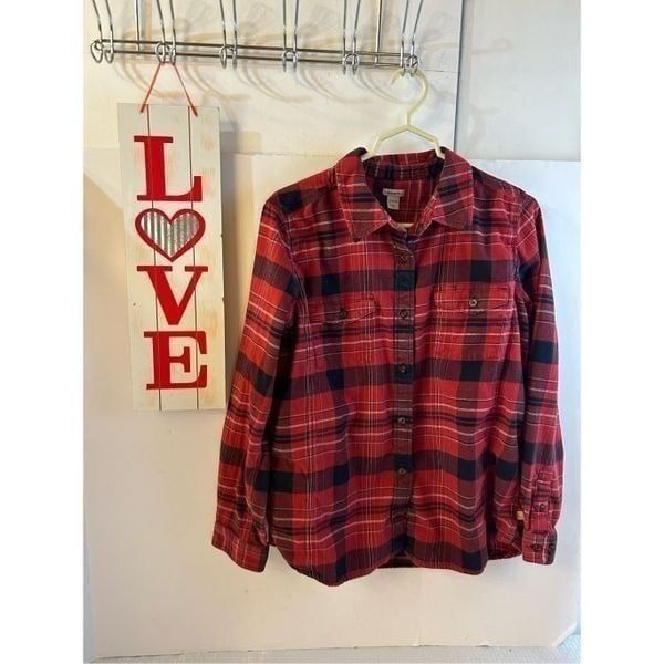 Carhartt flannel women’s large 12/14 red black 100% rn#14806