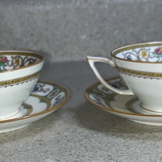 G676~ 2 Minton Grasmere FOOTED CUPS & SAUCERS Mustard Trim Pink & Yellow Flowers