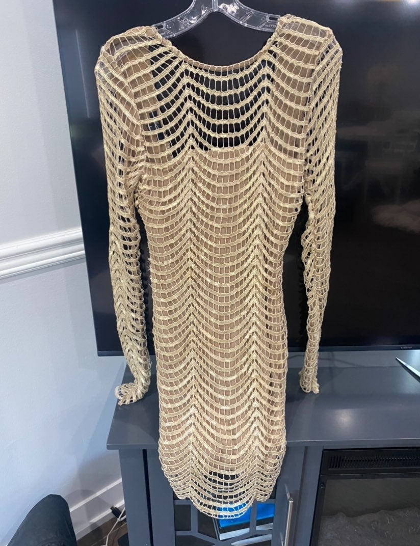 Sky Brand Khalida Gold Sequin Cage Metallic Mini Dress Sz L Rare Sold Out