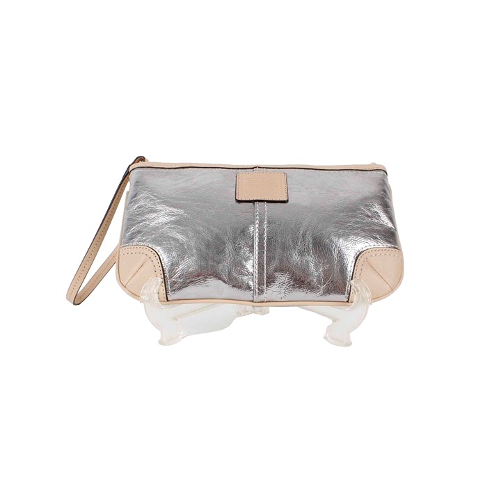 Coach 6 x 10 x .5 Silver Tan Leather Zip Top Inside Pockets Wristlet