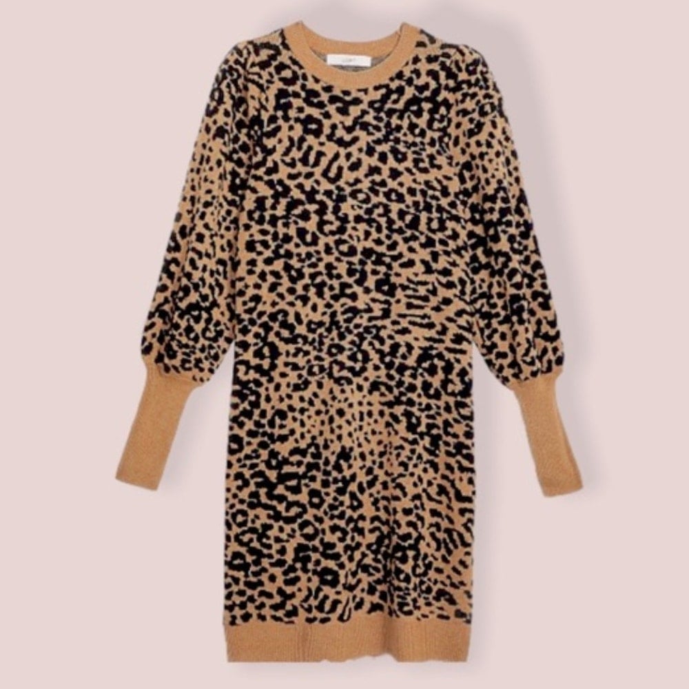 LOFT Wool Leopard Print Puff Sleeve Long Sweater Tunic Dress