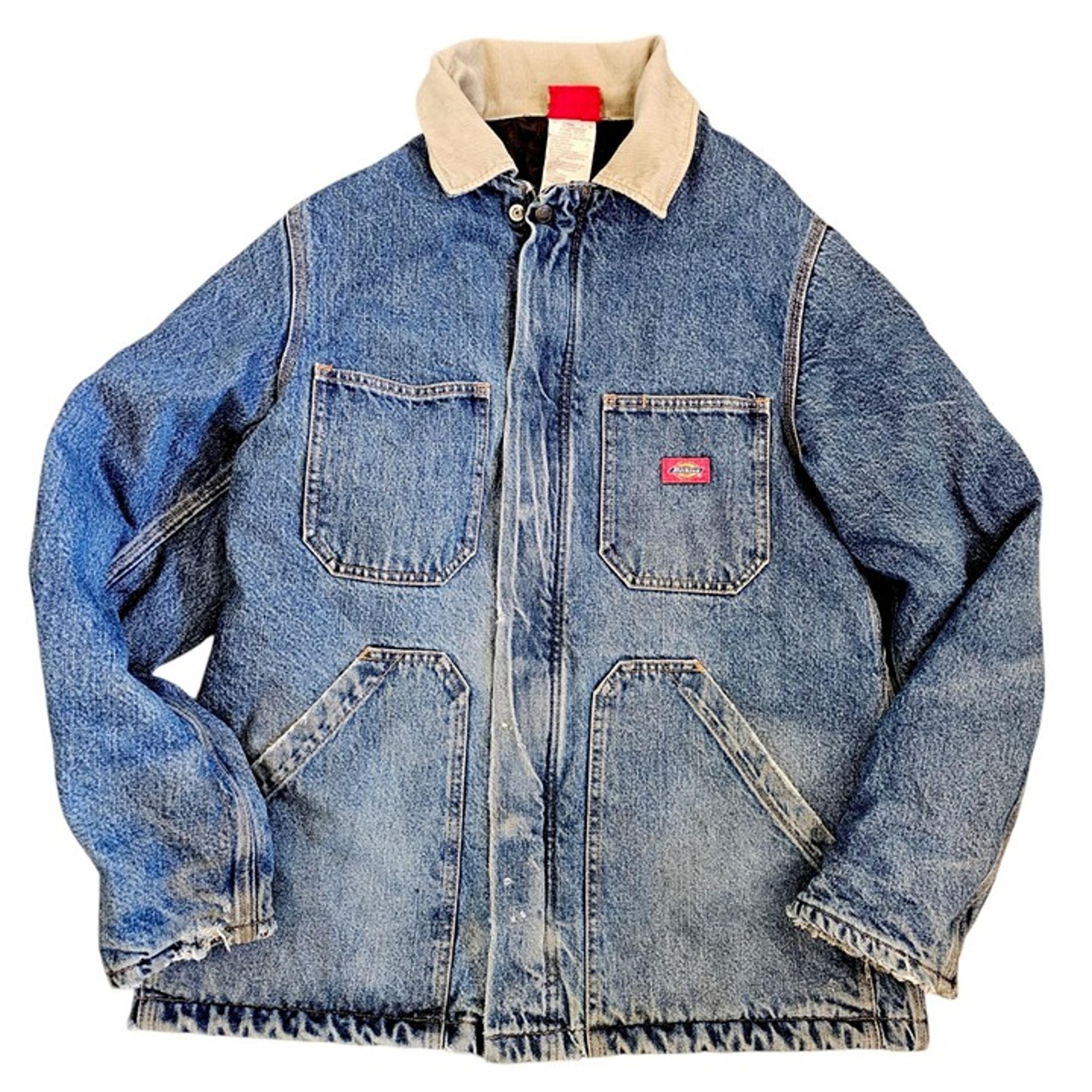 Dickies Denim Chore Work Jacket Distressed Jean Quilt Lined Corduroy Collar Sz M