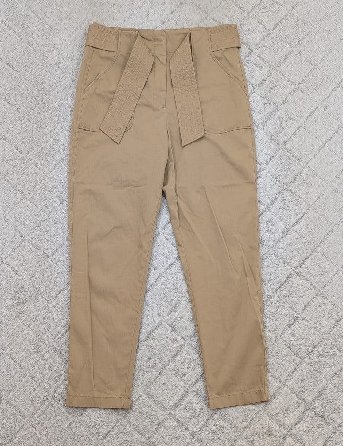 Veronica Beard Pants Womens 8 Beige Mahary Belted Cotton Blend Poplin Taper