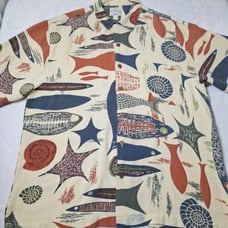 TOMMY BAHAMA 100% Silk Hawaiian Camp Shirt Men Sz L Beige Fish Starfish Tropical