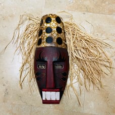 Handcrafted African Tribal Mask With Raffia Straw & Painted Design 13 x 6