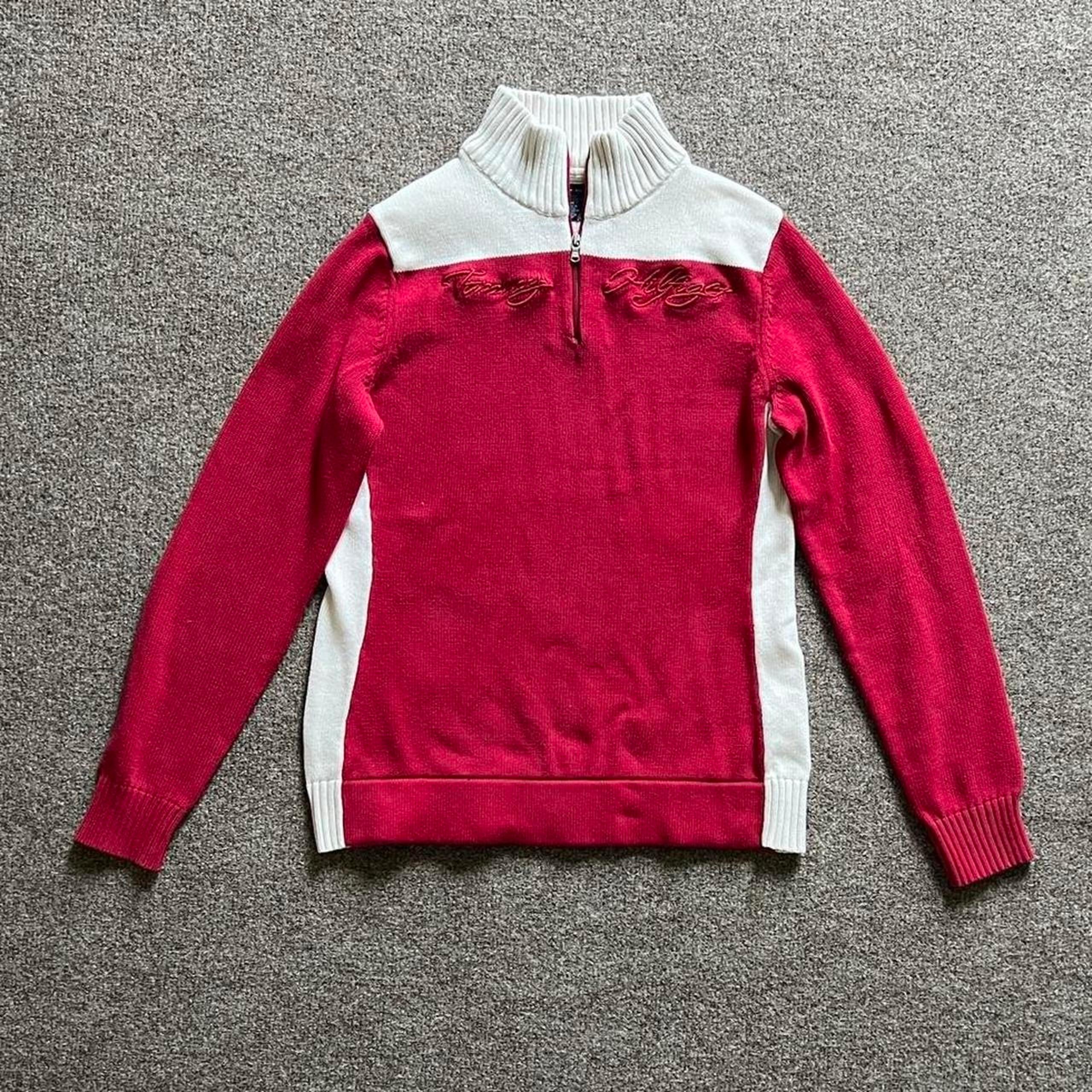 Vintage Y2K Tommy Hilfiger Red/White Quarter Zip Mock Neck Sweater Womens Medium