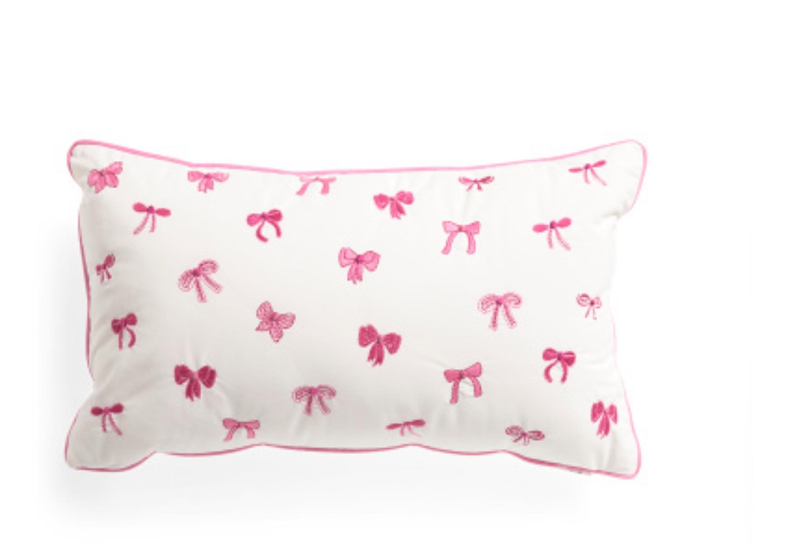 White Velvet Embroidered Pink Coquette Bow Decorative Pillow by EnVogue