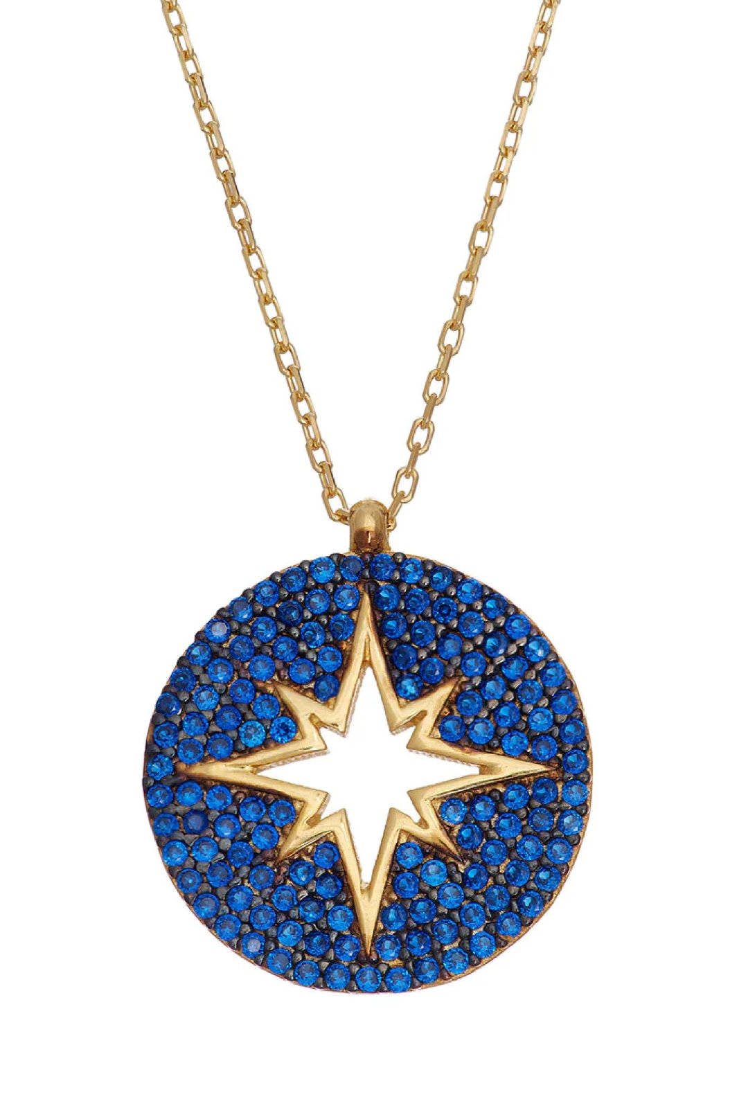 New Sterling 14k Gold Vermeil Blue Rhinestone Star Pendant Charm Necklace