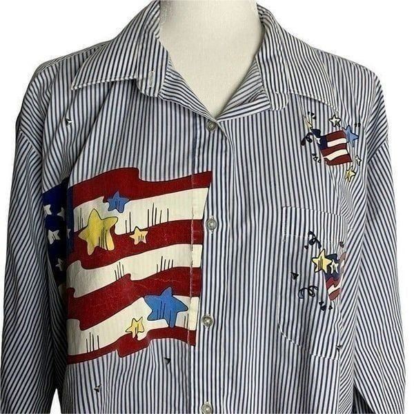 Vintage American Flag Button Up Shirt XXL Blue White Striped USA Patriotic