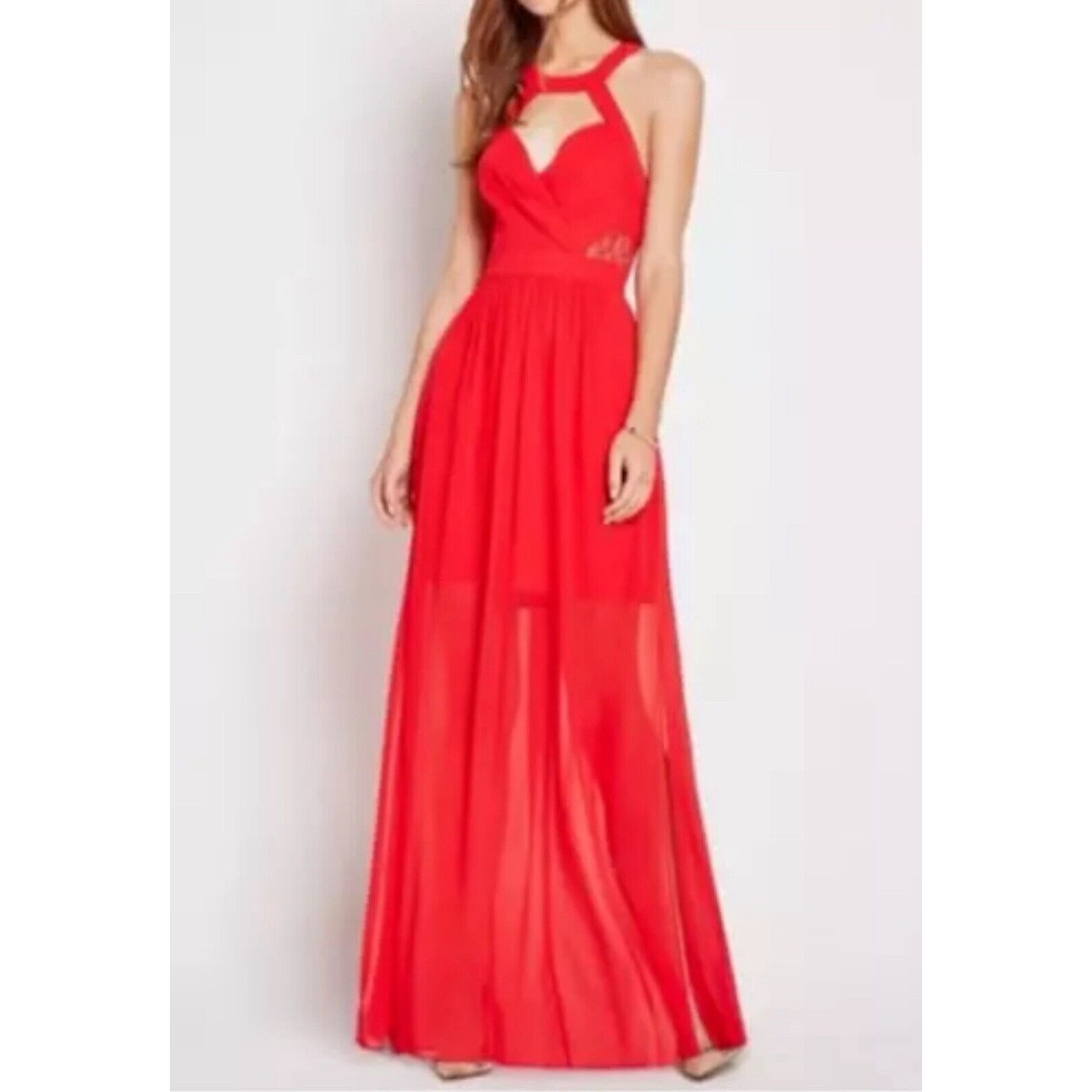 BCBGeneration New Size 8 Surplice Lace Maxi Evening Dress Gown Red Halter Neck