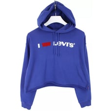 Levi's Cropped Hoodie Sweatshirt Womens XL Pullover Drawstring Blue Logo Top