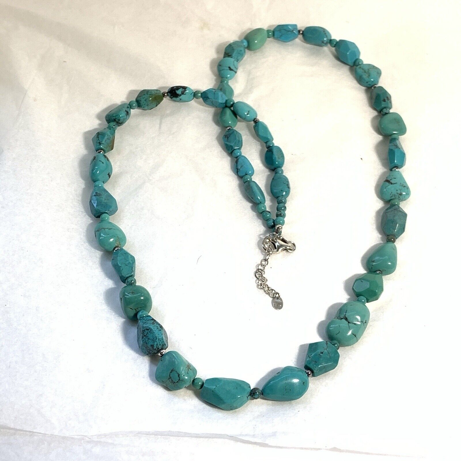 SX 925 Turquoise Nugget Faceted Bead Necklace Sterling Silver 28-30
