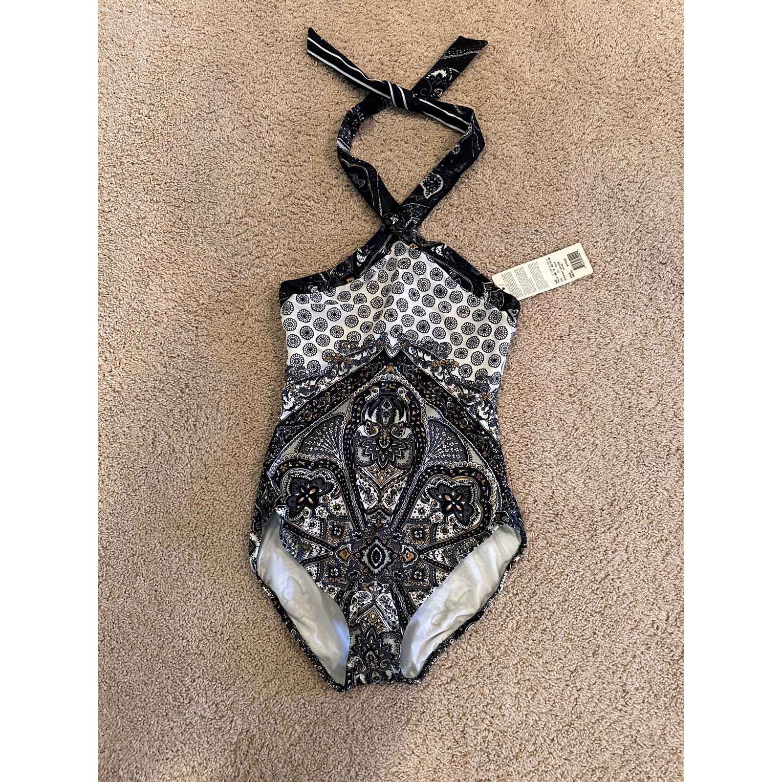 NWT Gottex Black Gold and White Pattern One Piece Swimsuit