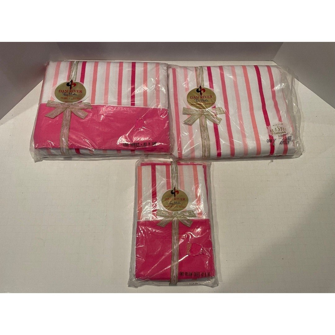 Dan River Fine Muslin *NOS* Pink Stripe Twin Fitted & Flat Sheets 2 pillowcases