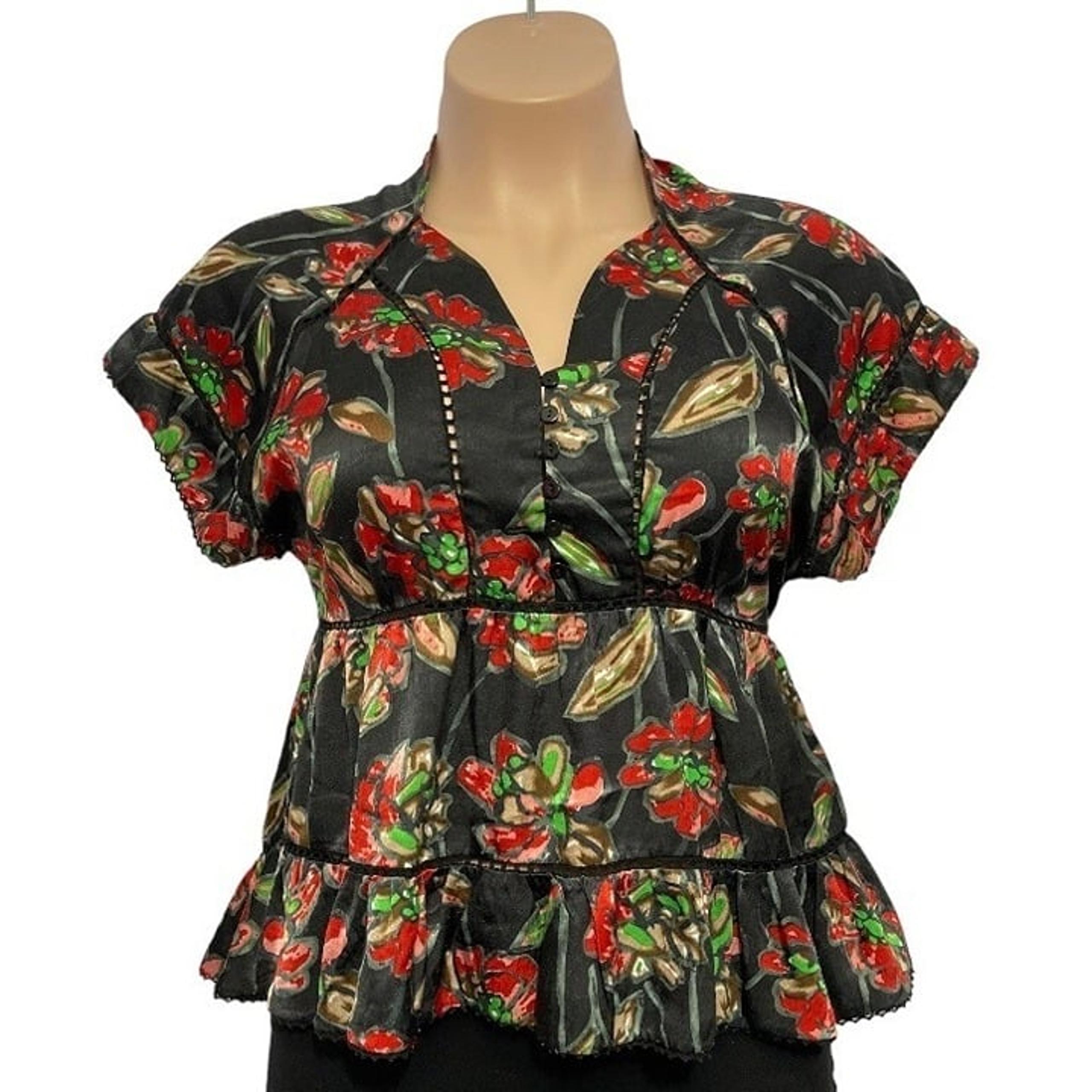 ESLEY Boho Casual Cinch-Waist Floral Top Large Black Multicolor Hi-Lo Baby-Doll