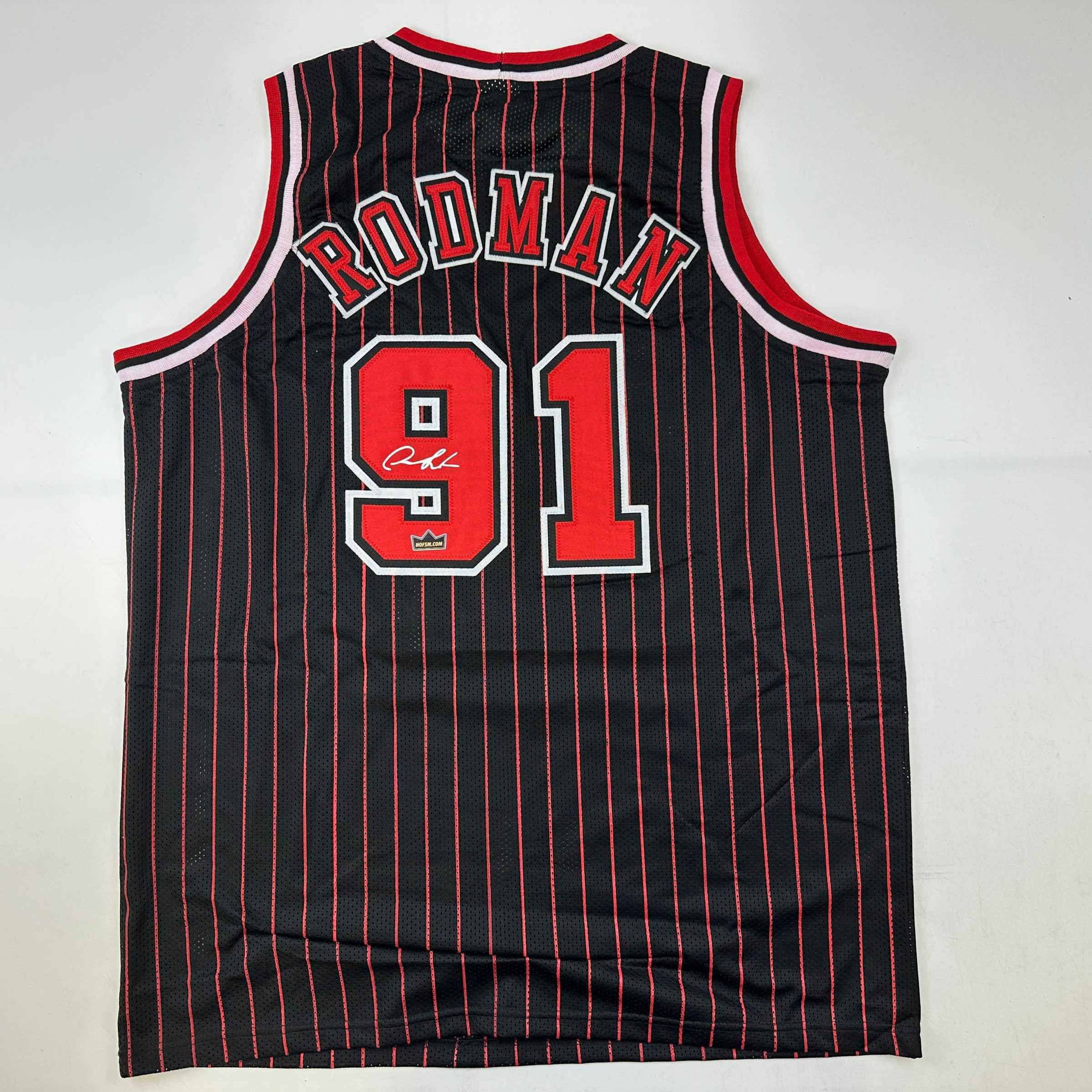 Facsimile Autographed Dennis Rodman Chicago Black Pinstripe Auto Jersey Size M