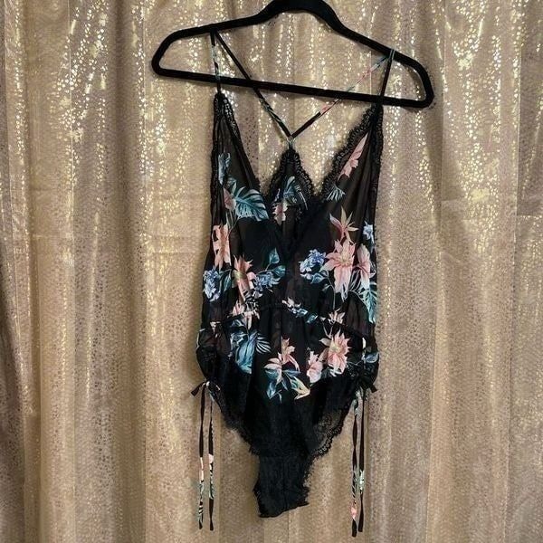 INC International Concepts Black Tropical Lace Chiffon Floral Lingerie Bodysuit,