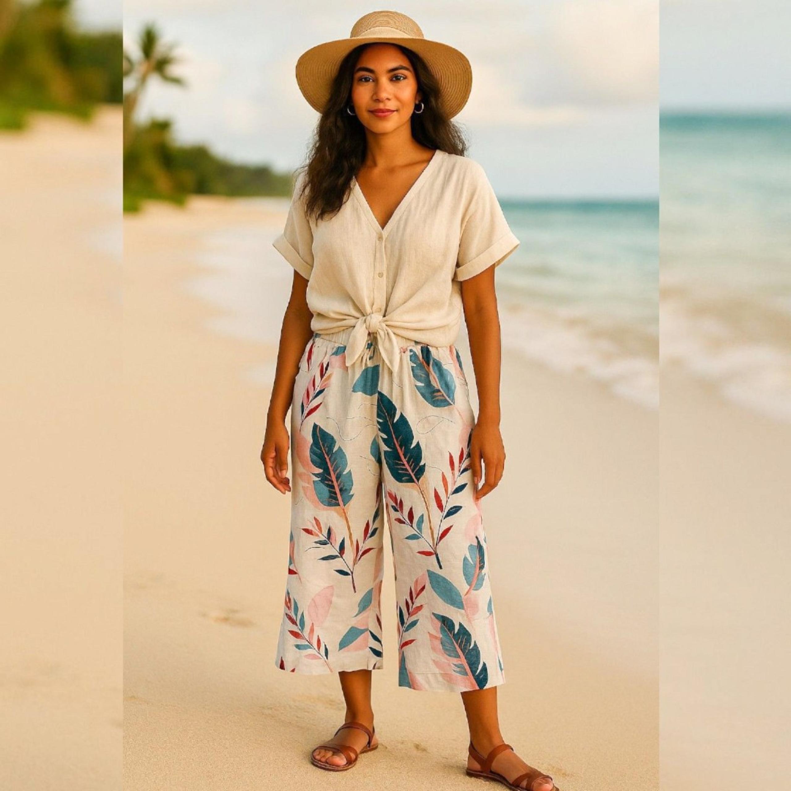 Cynthia Rowley 1X Linen Pants Tropical Leaf Print Wide Leg Cropped Elastic Waist