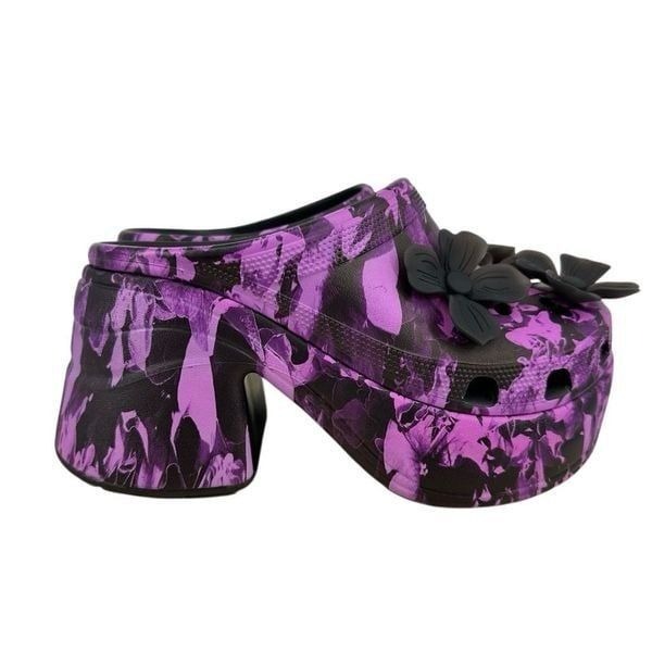 CROCS Women’s 7 Siren Hyper Floral Clog Black Purple Platform Heel Fairy Goth