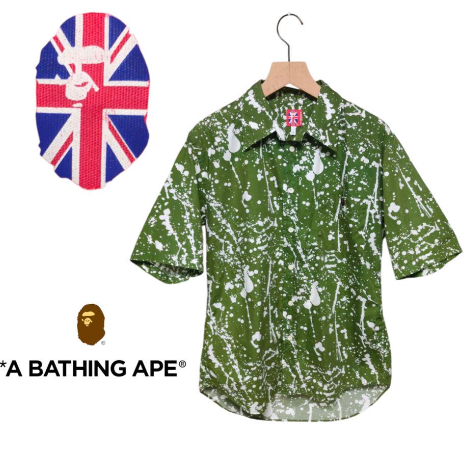 A BATHING APE Splash Print Short Sleeve Shirt L Green