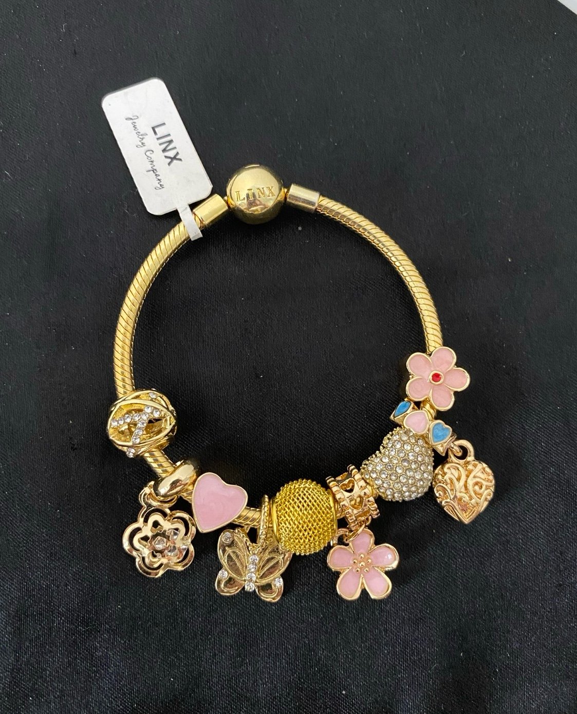 Linx Yellow Gold Snake Chain Bracelet with Pink Themed Charms