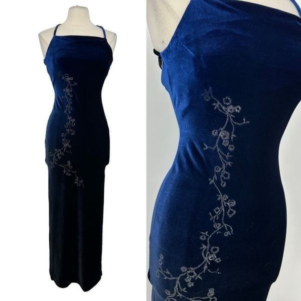 Vintage 90s Blue Glitter Prom Dress Fitted Full Length Fair Grunge High Neck