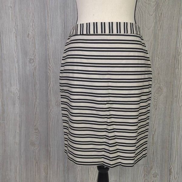 Loft Womens Size 6 Skirt Black Cream Stripe Back Zipper Slit Cotton Stretch NWT