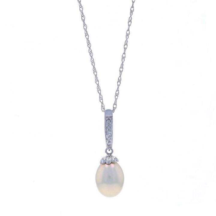 White Gold Cultured Pearl & Diamond Pendant Necklace 18 - 14k LX3655