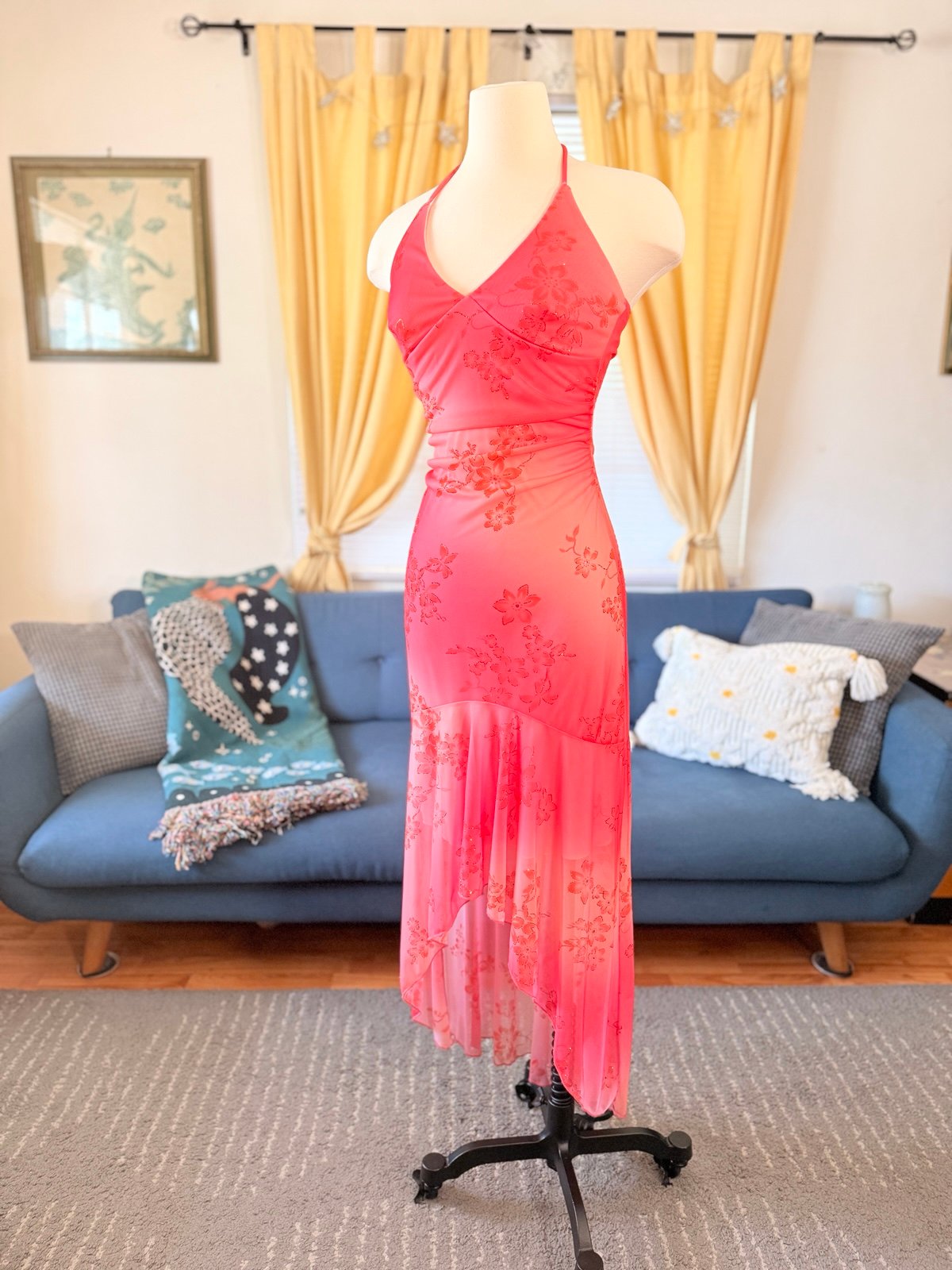 Vintage Pink/Coral Glitter Cherry Blossom Halter Dress