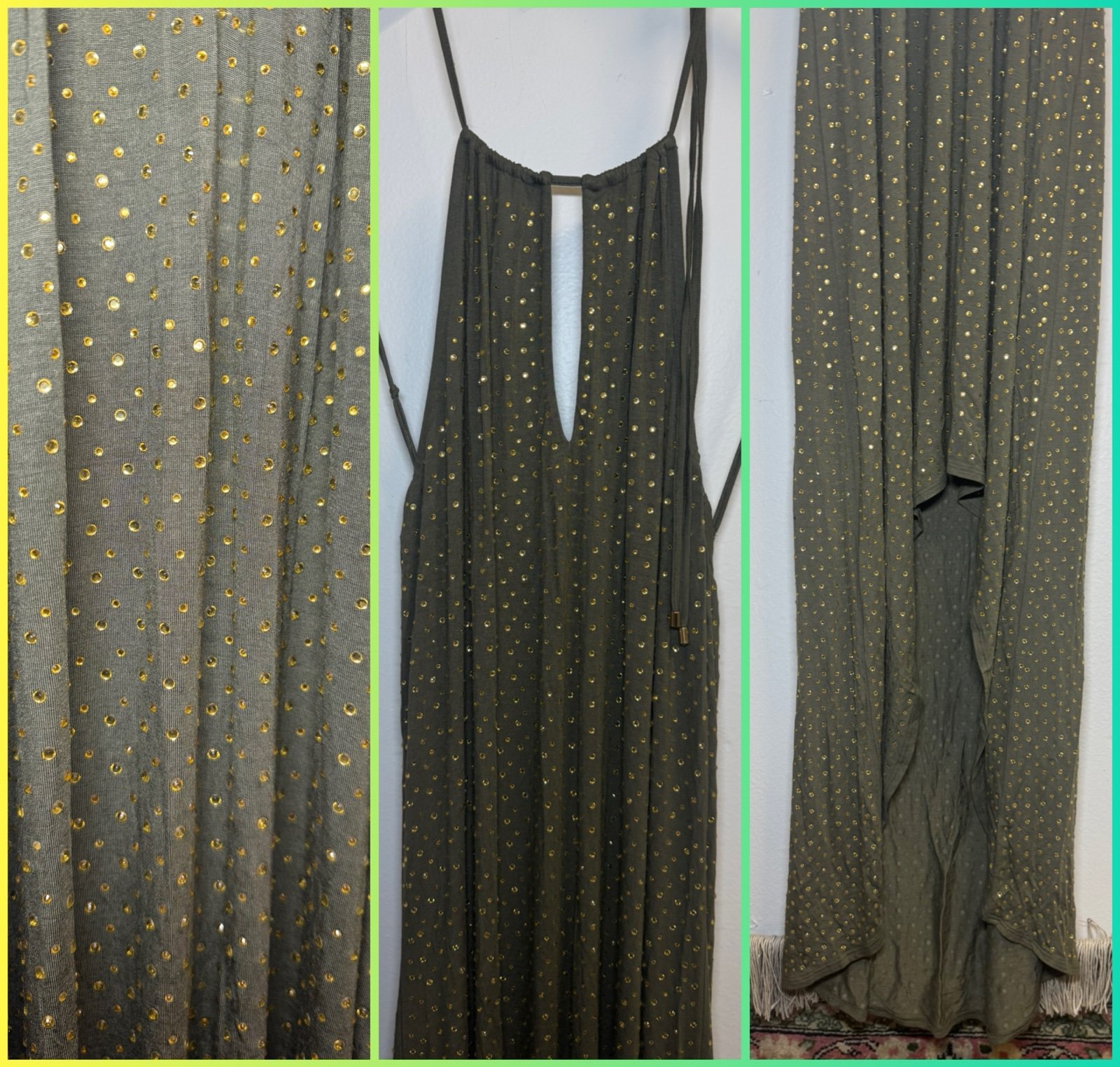 NWT HAUTE HIPPIE halter top maxi dress high low green gold medium ORIG. 395