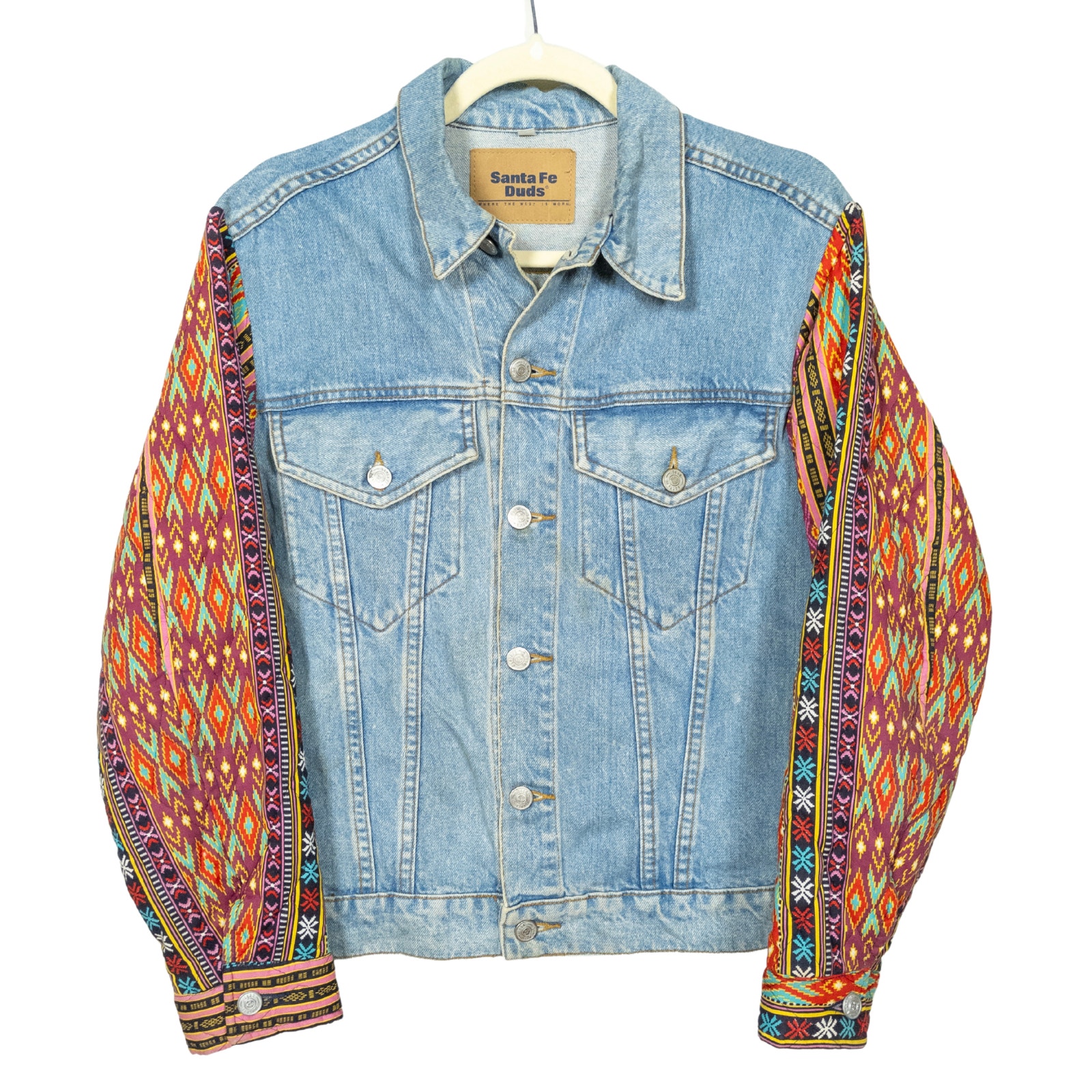 SANTA FE DUDS Vintage Denim Jacket Contrast Quilted Sleeves Women's Small
