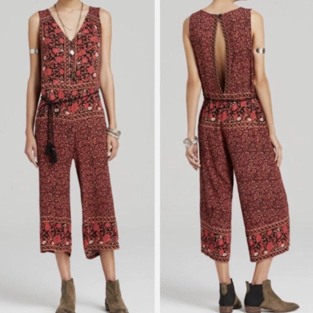 Free People Jumpsuit culotte floral printed womens Red (xsmall) boho party