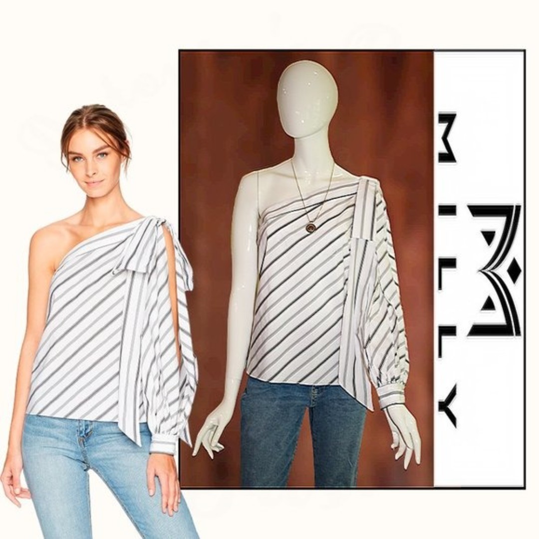 MILLY NEW NINA Stripe One-Shoulder Cotton Poplin Top 8