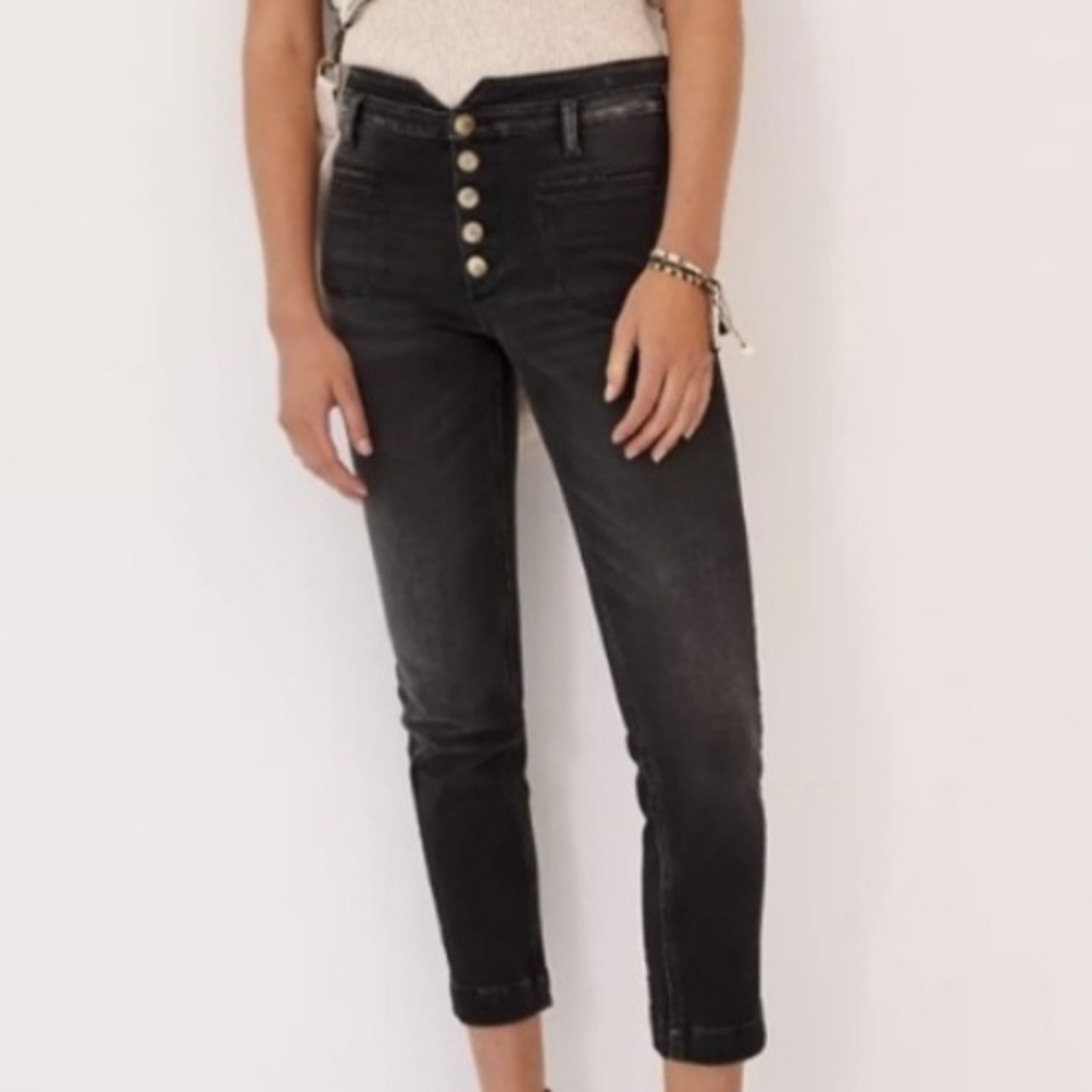 Anthropologie Pilcro High Rise Ankle Cropped Black Denim Utility Jeans | size 26
