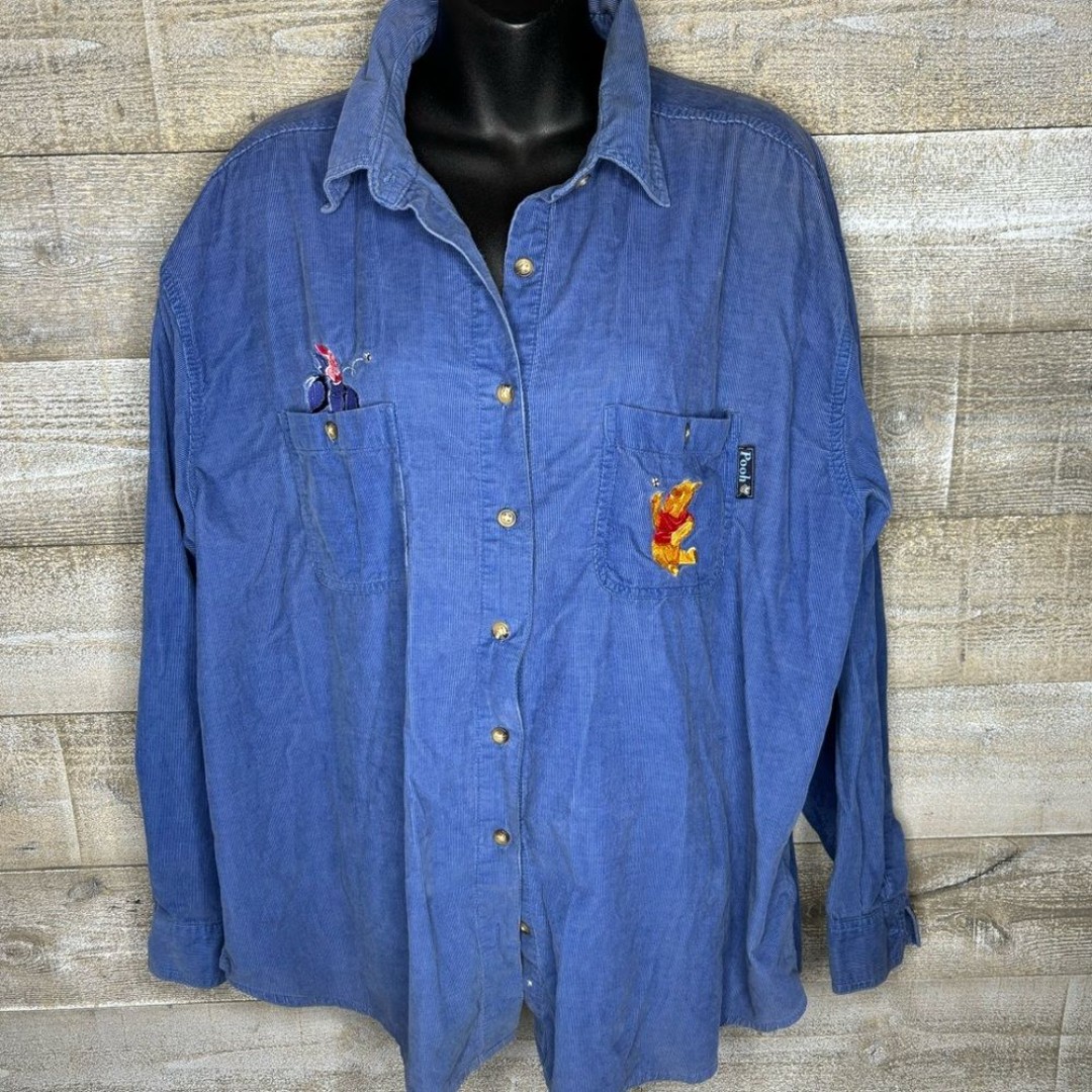 Vintage 90s Disney L Winnie the pooh blue corduroy button down shirt pooh piglet