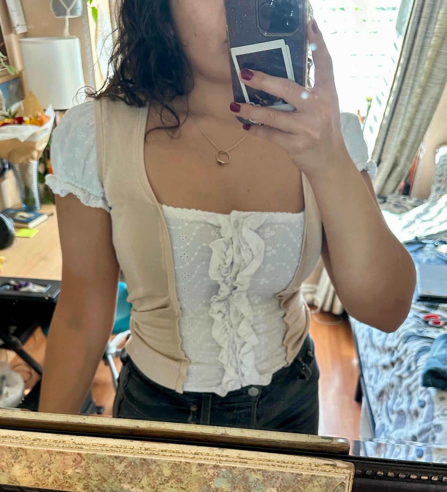Beige and white Lace Silk Bebe Blouse