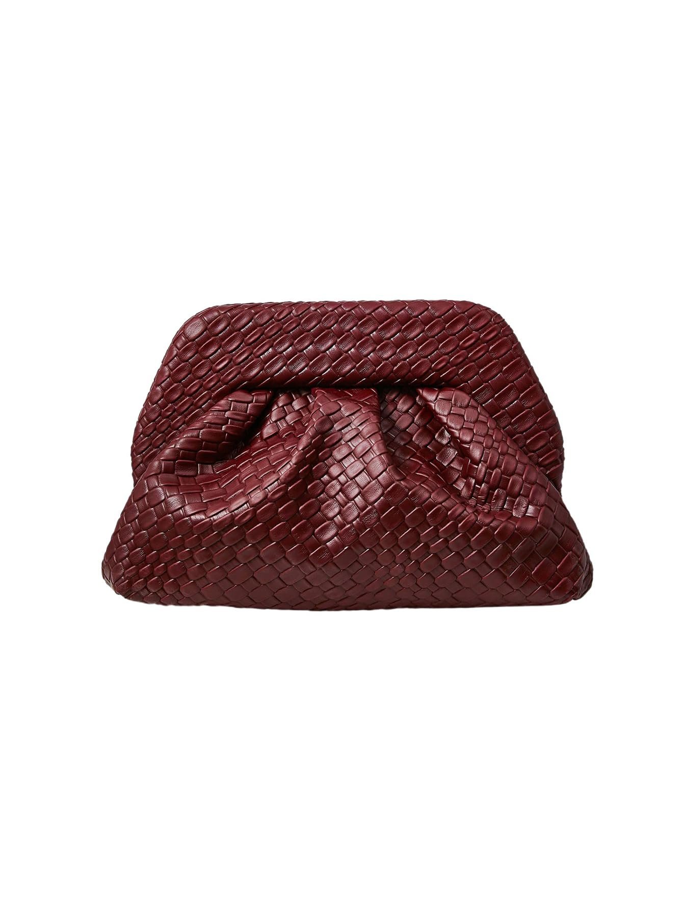 Burgundy Woven Clutch - Elegant Evening Bag with Ruched Faux Leather