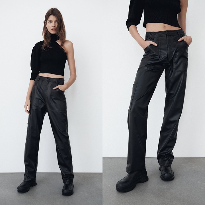 ZARA Women's Size Small Black Faux Leather High-Rise Full Length Straight Pants