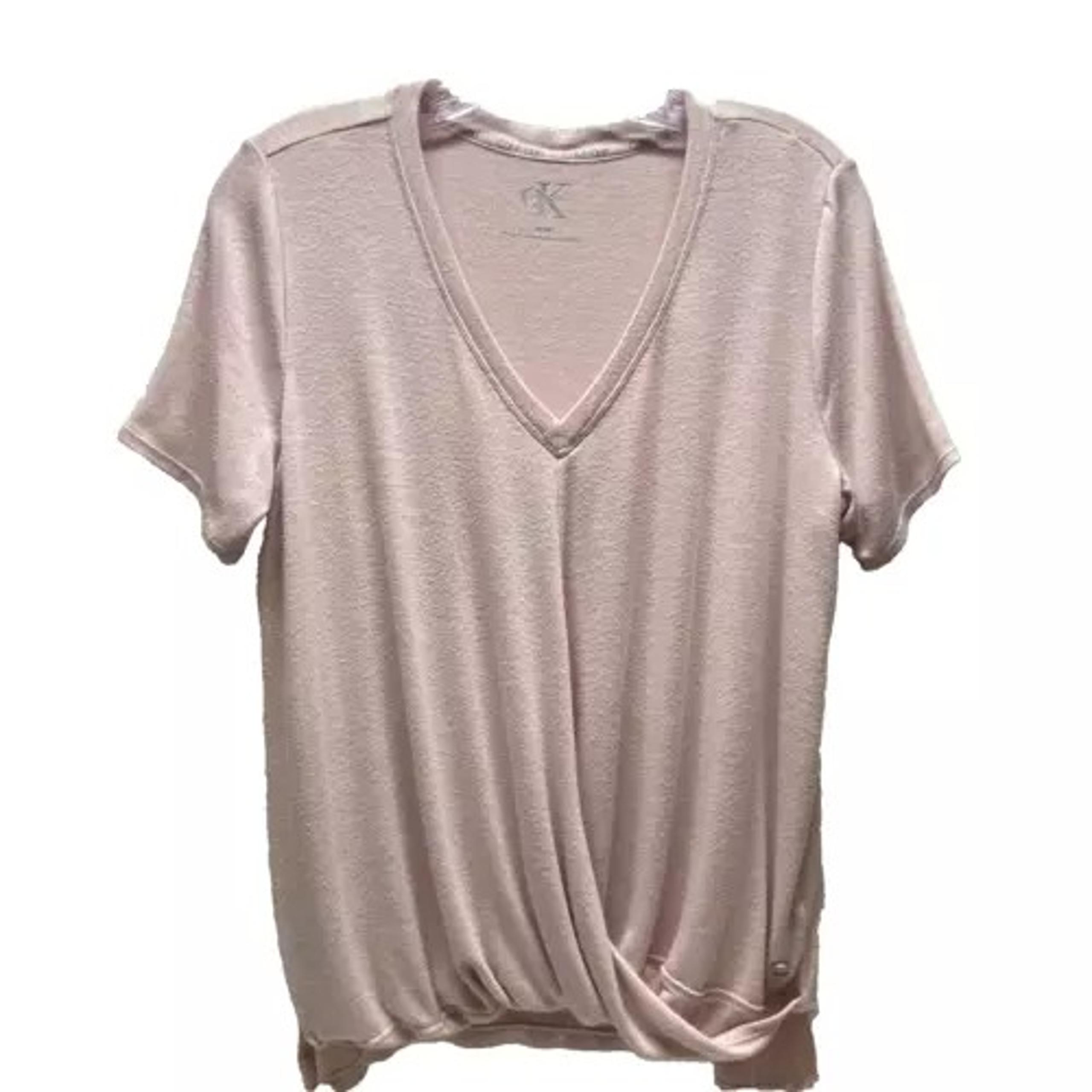 Calvin Klein Women's V-Neck Medium Pink Cotton Short Sleeve Drape Front Blouse