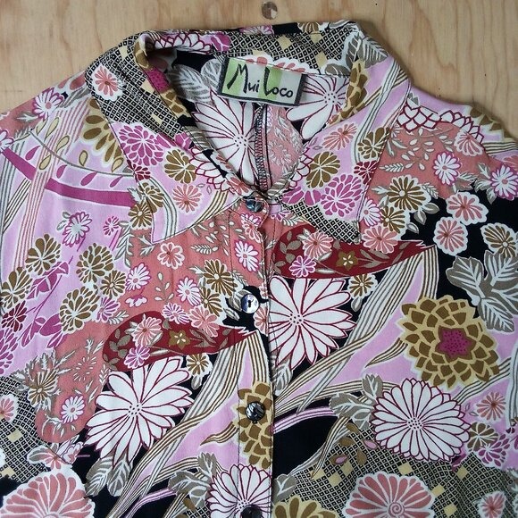Vintage Mui Loco Abstract Geometric Floral Rayon Disco Shirt