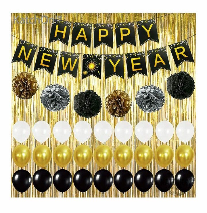 Happy New Year Banner and Gold Fringe Cu